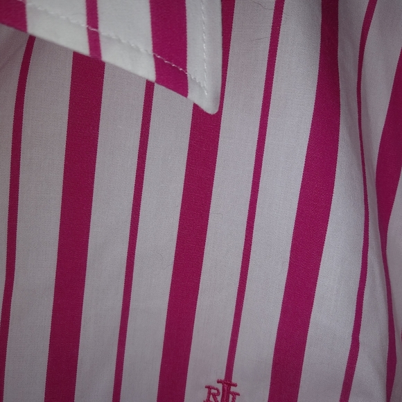Lauren Ralph Lauren 1X Preppy Cotton Pink White Stripe Button Down Top Plus - Picture 4 of 7